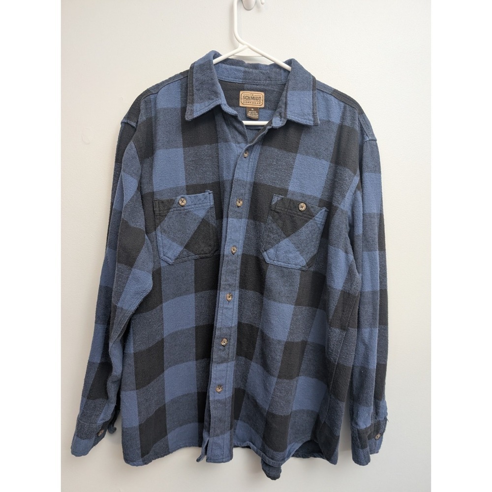 D3 Schmidt Workwear Mens XL Flannel Shirt Blue Black Buffalo Plaid Long Sleeve
